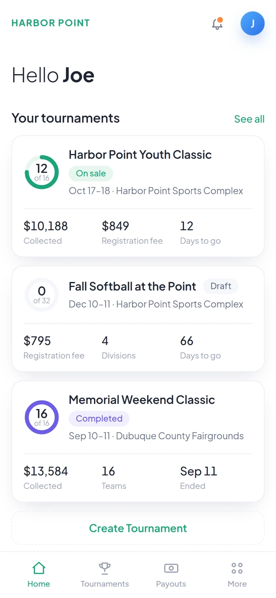 TourneyNation admin home on a phone, listing tournaments with registrations and money collected